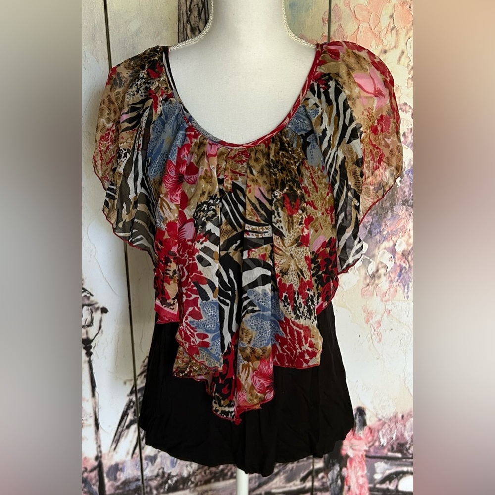 Monroe and Main - Multicolor Animal Print Chiffon Overlay Top. Size M